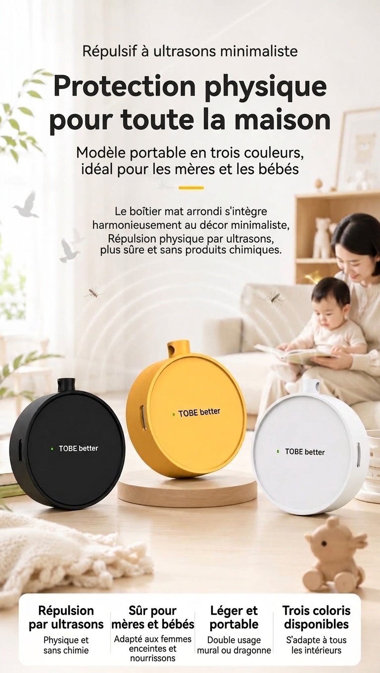 Répulsif anti-insectes à ultrasons portable avec batterie 300 mAh et plusieurs modes, blanc/rose/jaune/noir