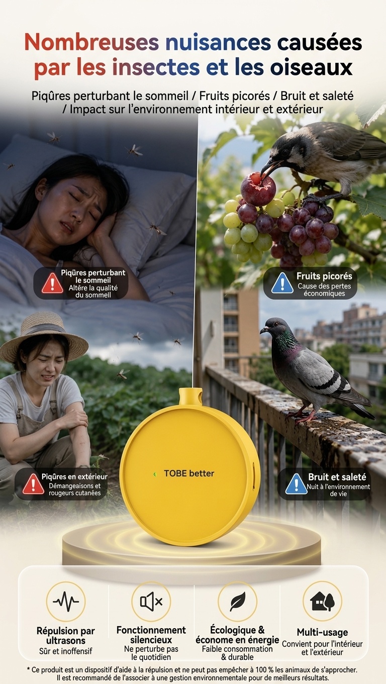Répulsif anti-insectes à ultrasons portable avec batterie 300 mAh et plusieurs modes, blanc/rose/jaune/noir