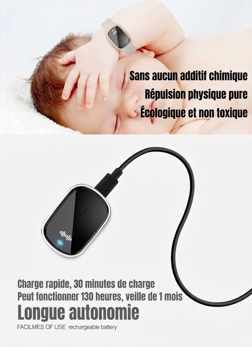 Bracelet anti-moustiques ultrasonique avec protection 168 heures et bracelet en silicone souple, noir