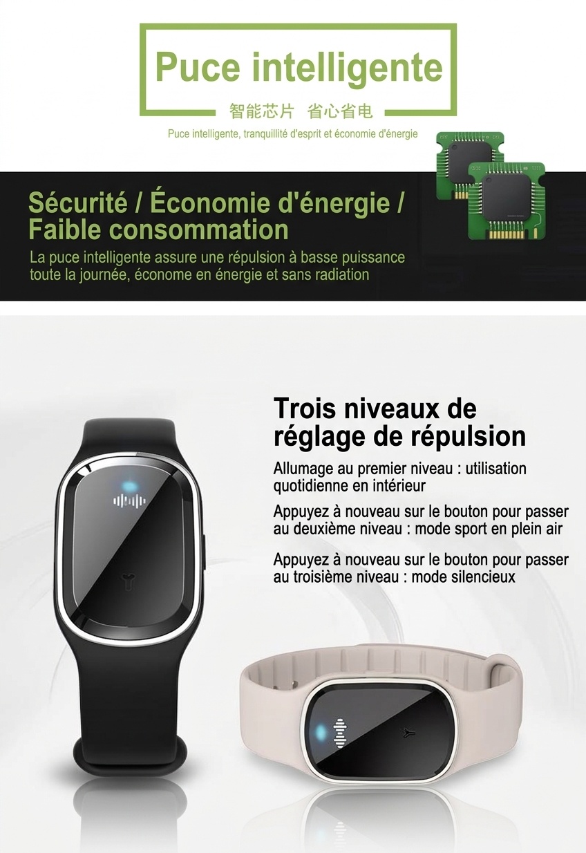 Bracelet anti-moustiques ultrasonique avec protection 168 heures et bracelet en silicone souple, noir