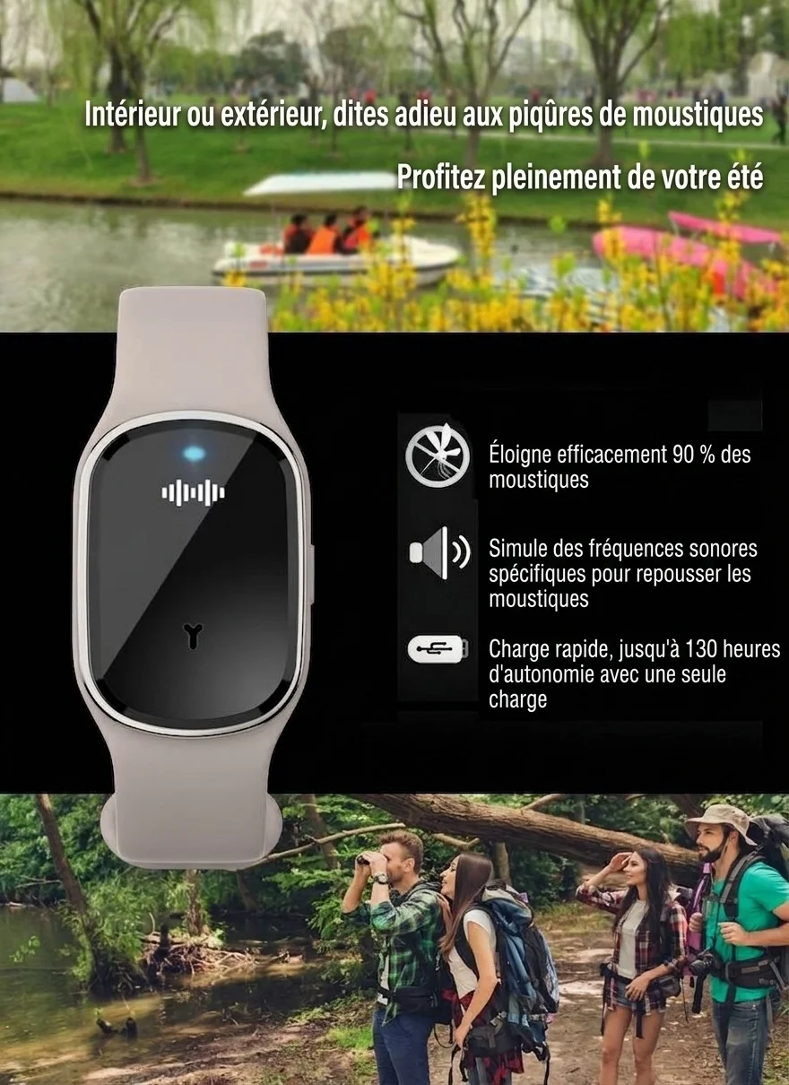 Bracelet anti-moustiques ultrasonique avec protection 168 heures et bracelet en silicone souple, noir