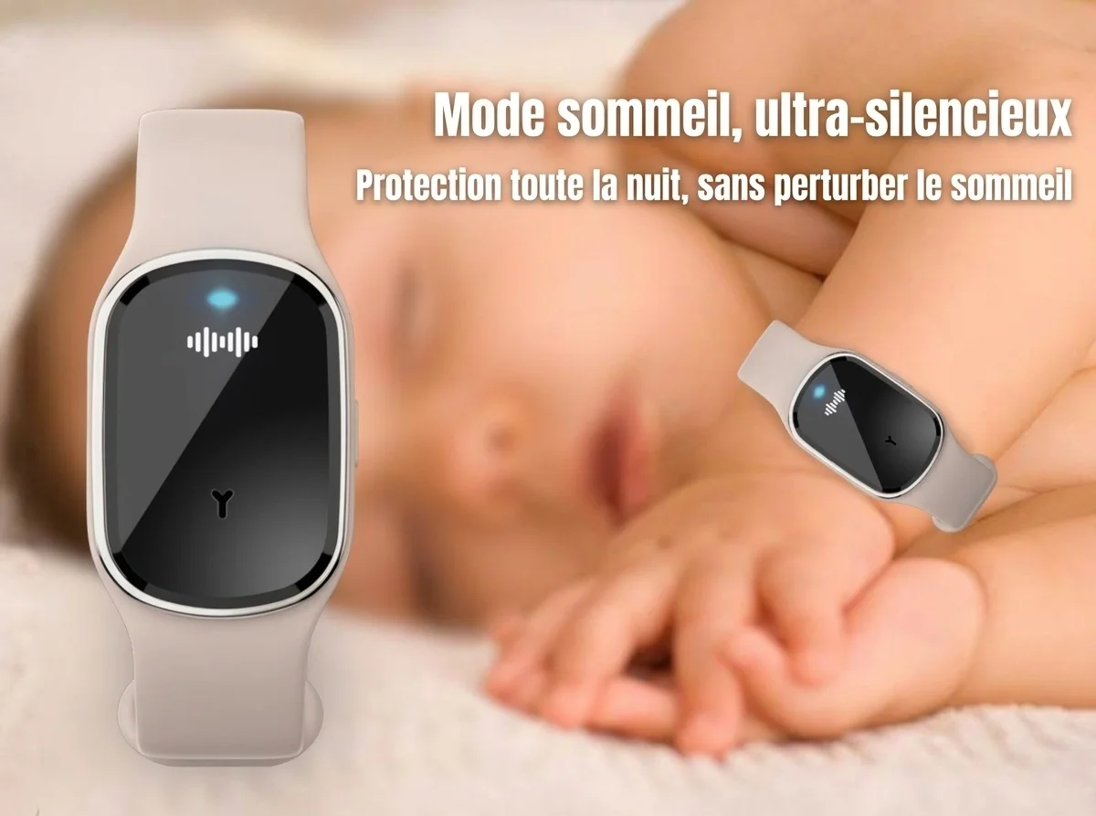 Bracelet anti-moustiques ultrasonique avec protection 168 heures et bracelet en silicone souple, noir