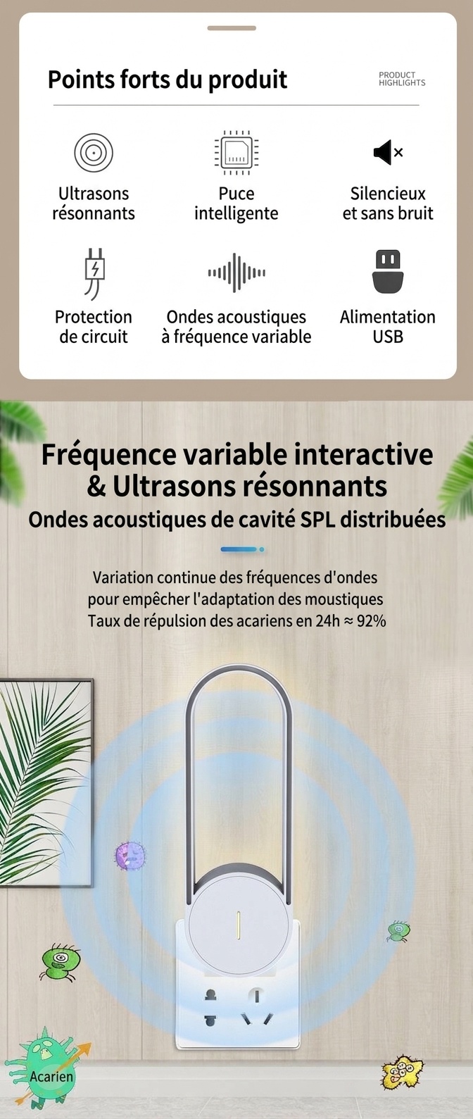 Répulsif anti-nuisibles ultrasonique silencieux à puce intelligente avec protection 24 heures, blanc