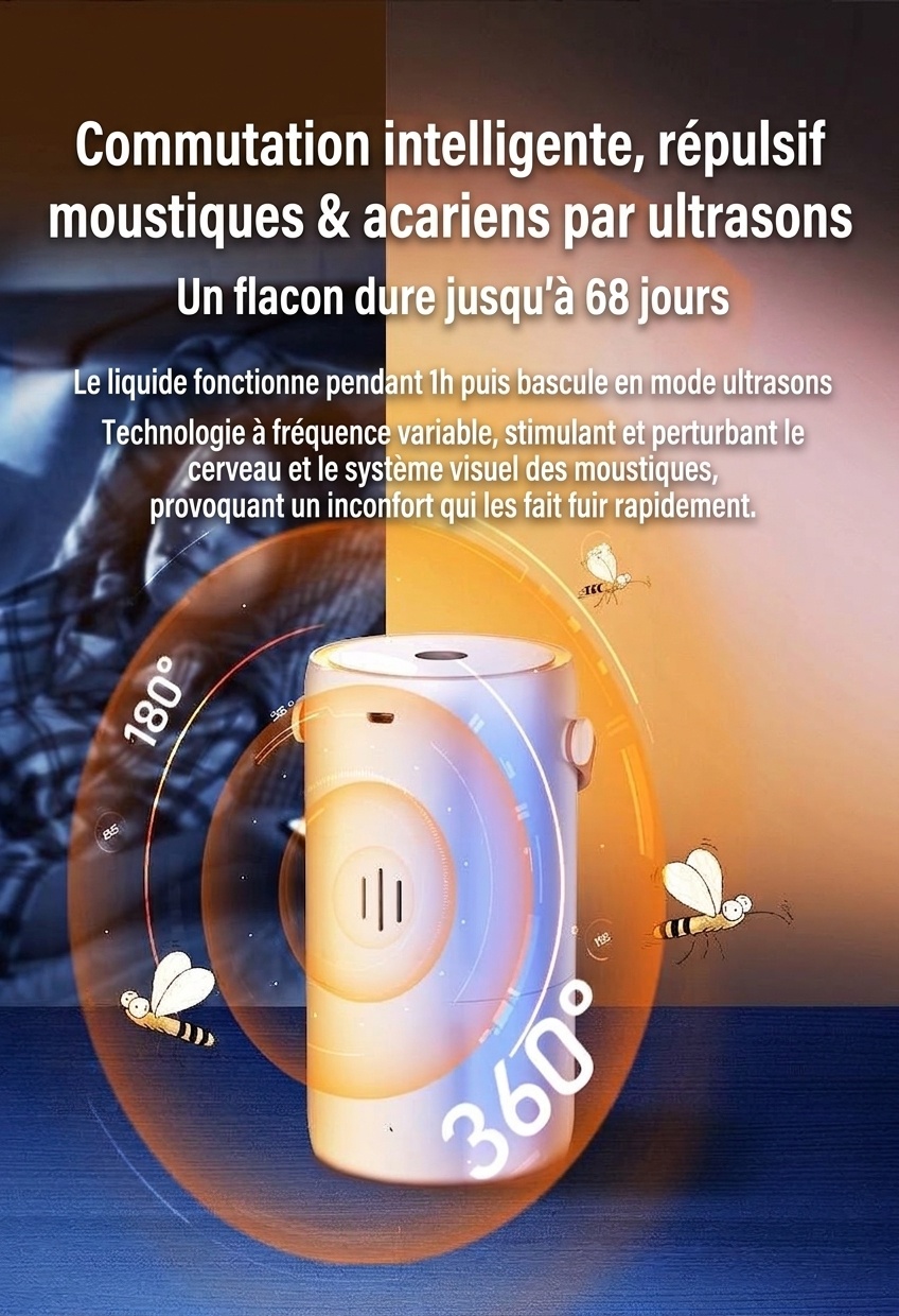 Répulsif anti-moustiques ultrasonique intelligent double mode avec veilleuse et couverture de 50 m², blanc/vert