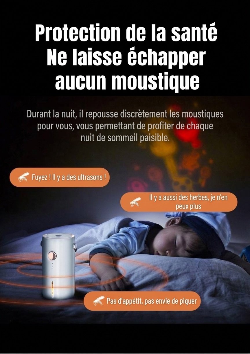 Répulsif anti-moustiques ultrasonique intelligent double mode avec veilleuse et couverture de 50 m², blanc/vert