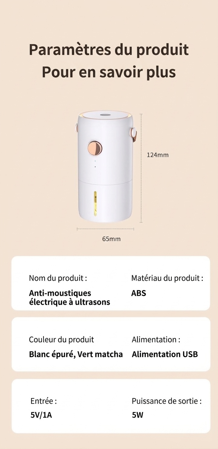 Répulsif anti-moustiques ultrasonique intelligent double mode avec veilleuse et couverture de 50 m², blanc/vert