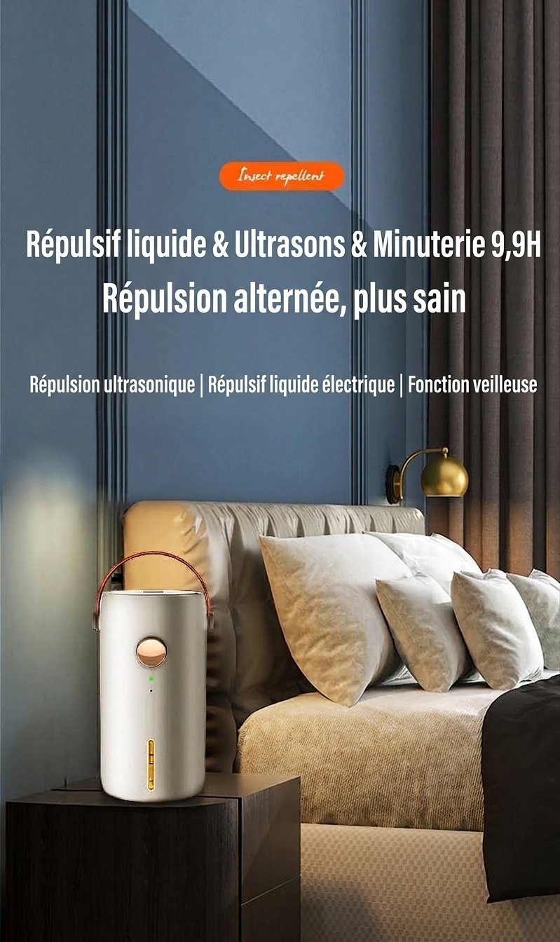 Répulsif anti-moustiques ultrasonique intelligent double mode avec veilleuse et couverture de 50 m², blanc/vert