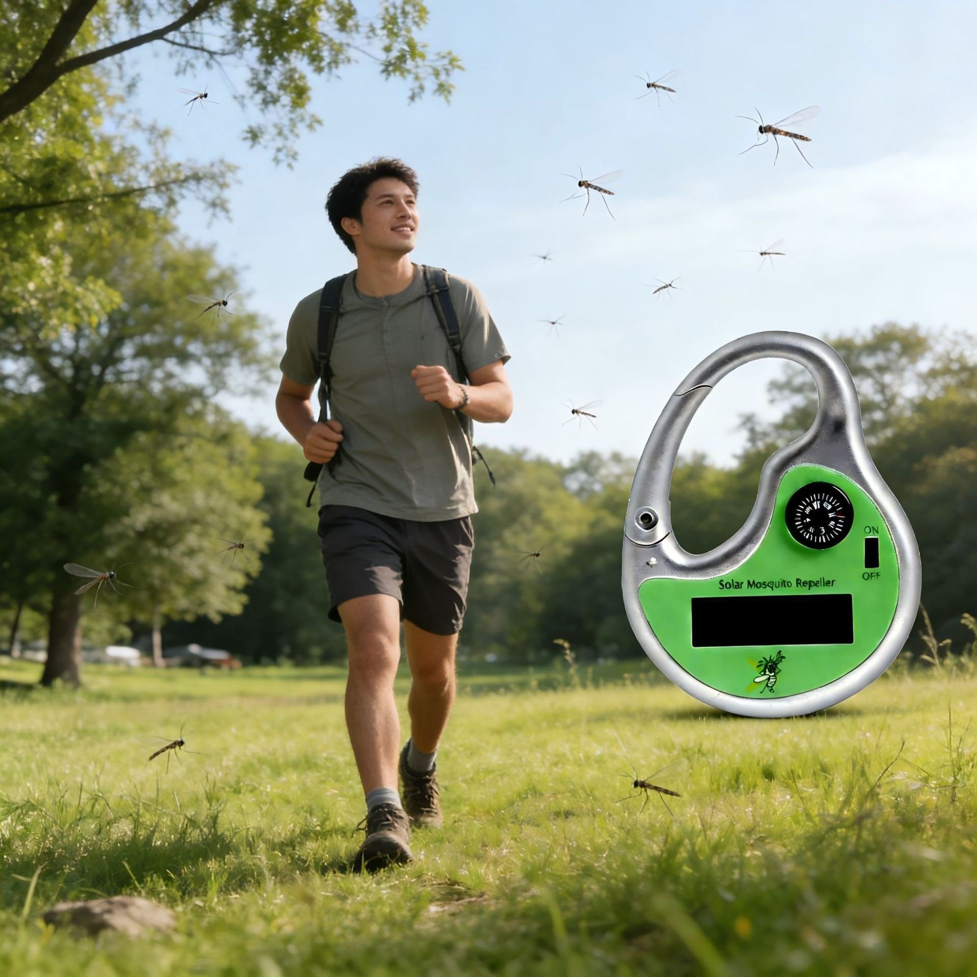 Répulsif anti-moustiques portable à ultrasons, alimenté à l'énergie solaire, avec boussole intégrée, vert