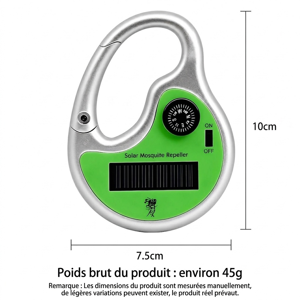 Répulsif anti-moustiques portable à ultrasons, alimenté à l'énergie solaire, avec boussole intégrée, vert