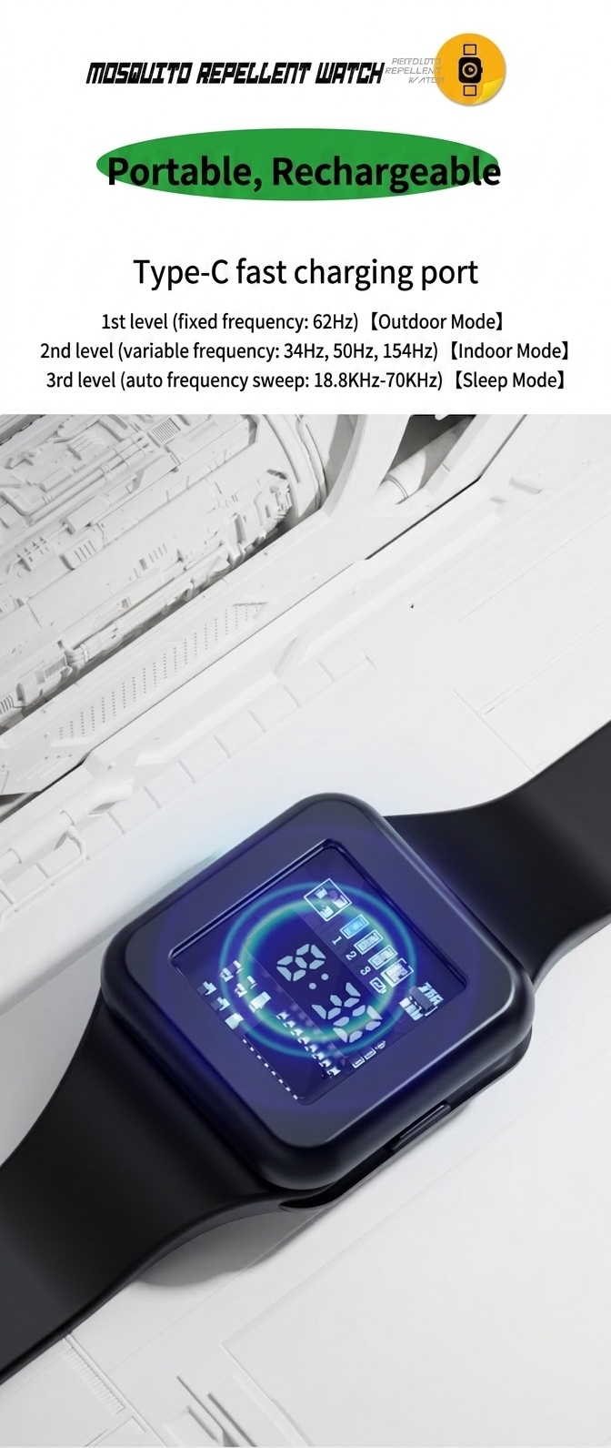 Adjustable 3-Mode Ultrasonic Mosquito Repellent Watch with 90mAh Battery & Type-C Charging, White/Black