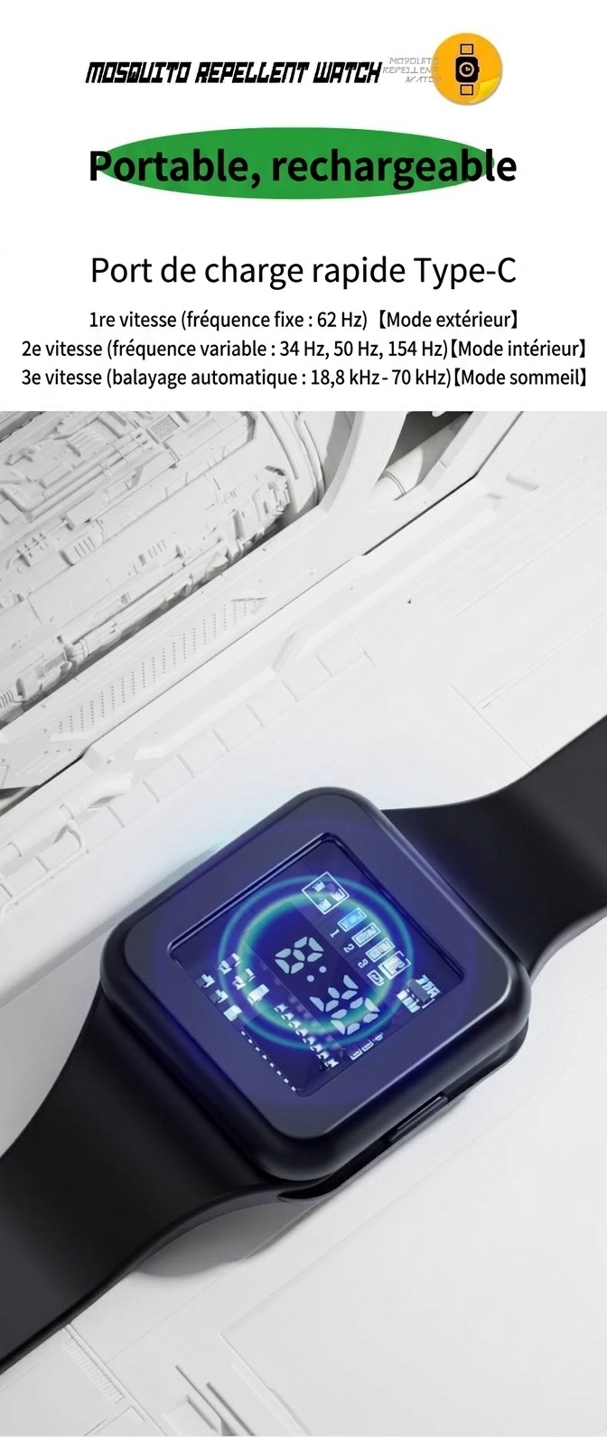 Montre anti-moustiques à ultrasons réglable à 3 modes, batterie 90 mAh et chargement USB-C, blanc/noir