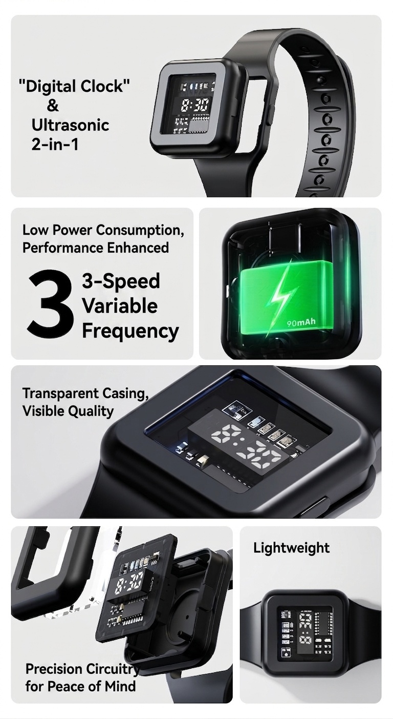 Adjustable 3-Mode Ultrasonic Mosquito Repellent Watch with 90mAh Battery & Type-C Charging, White/Black