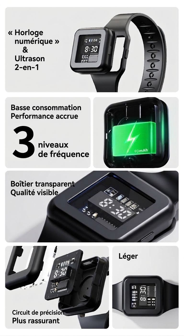Montre anti-moustiques à ultrasons réglable à 3 modes, batterie 90 mAh et chargement USB-C, blanc/noir