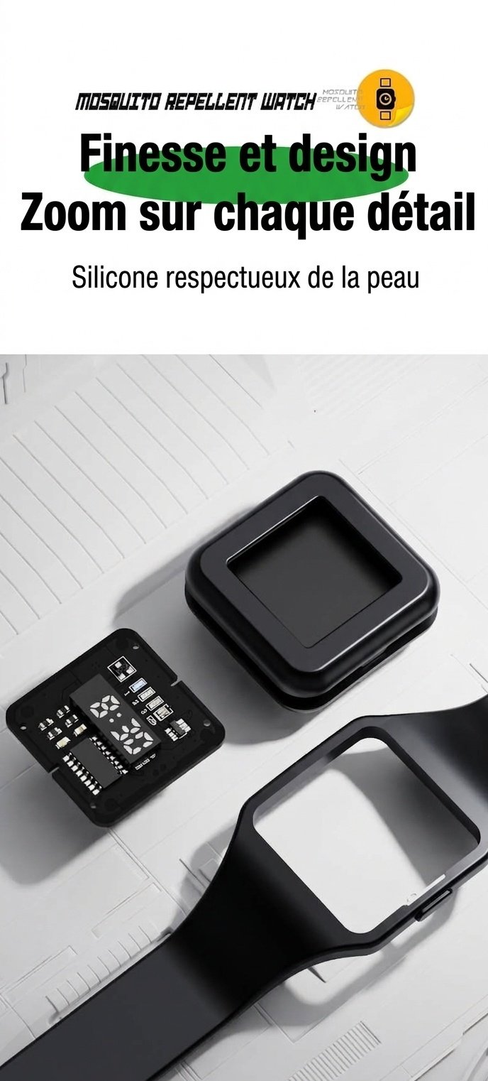 Montre anti-moustiques à ultrasons réglable à 3 modes, batterie 90 mAh et chargement USB-C, blanc/noir