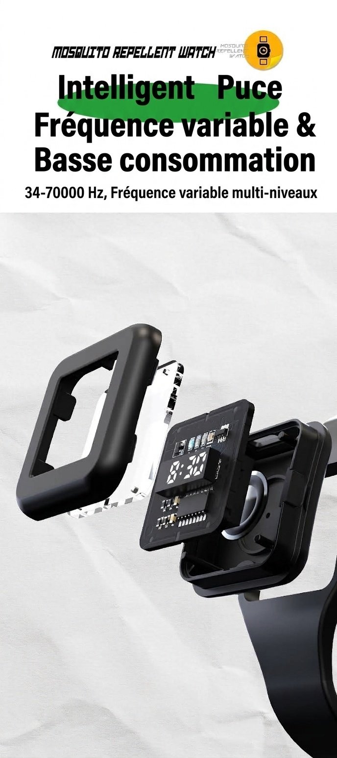 Montre anti-moustiques à ultrasons réglable à 3 modes, batterie 90 mAh et chargement USB-C, blanc/noir