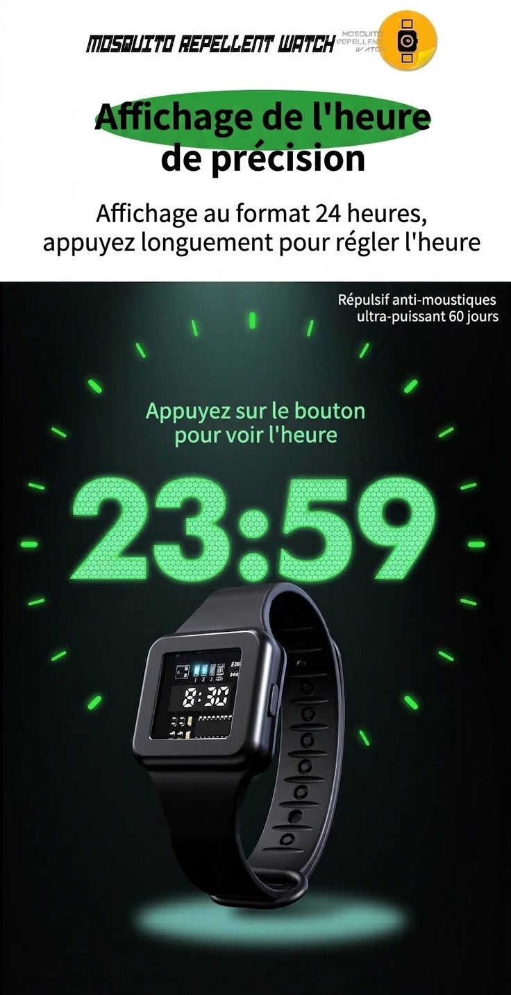 Montre anti-moustiques à ultrasons réglable à 3 modes, batterie 90 mAh et chargement USB-C, blanc/noir