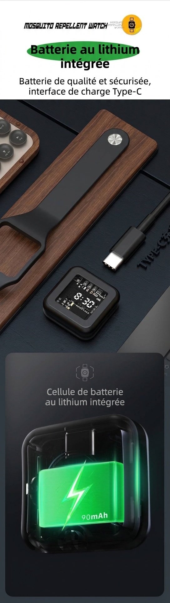 Montre anti-moustiques à ultrasons réglable à 3 modes, batterie 90 mAh et chargement USB-C, blanc/noir