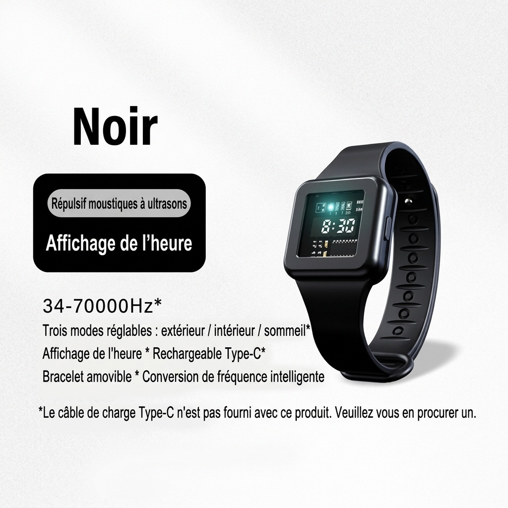 Montre anti-moustiques à ultrasons réglable à 3 modes, batterie 90 mAh et chargement USB-C, blanc/noir