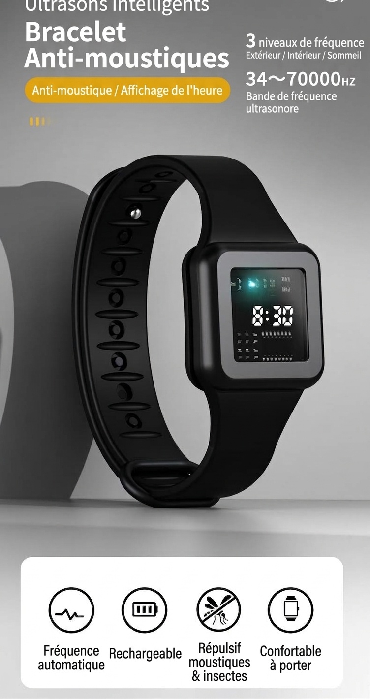 Montre anti-moustiques à ultrasons réglable à 3 modes, batterie 90 mAh et chargement USB-C, blanc/noir