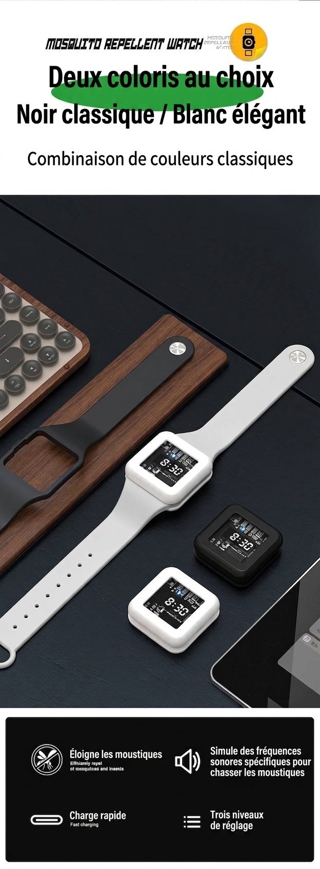 Montre anti-moustiques à ultrasons réglable à 3 modes, batterie 90 mAh et chargement USB-C, blanc/noir