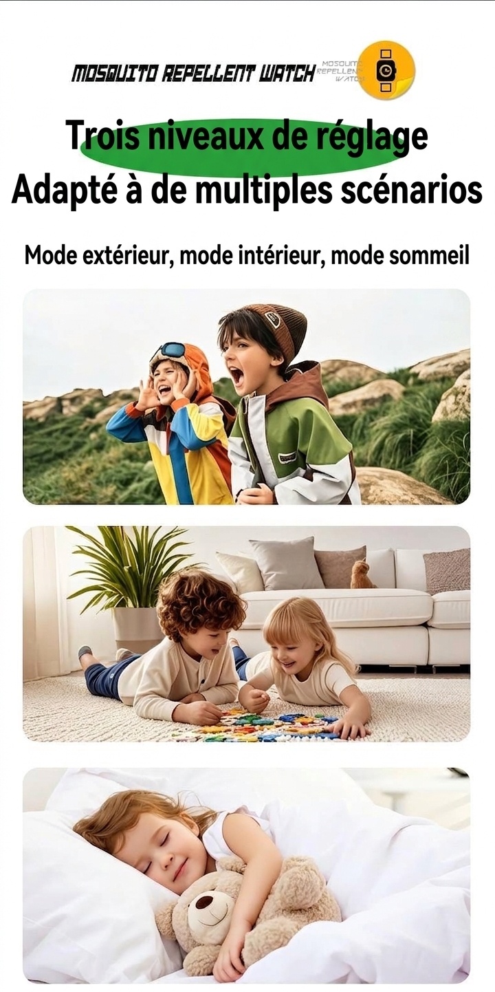 Montre anti-moustiques à ultrasons réglable à 3 modes, batterie 90 mAh et chargement USB-C, blanc/noir