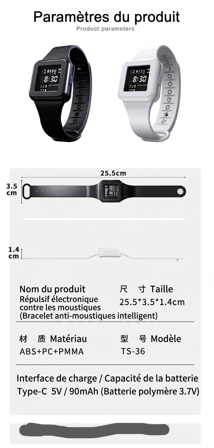Montre anti-moustiques à ultrasons réglable à 3 modes, batterie 90 mAh et chargement USB-C, blanc/noir