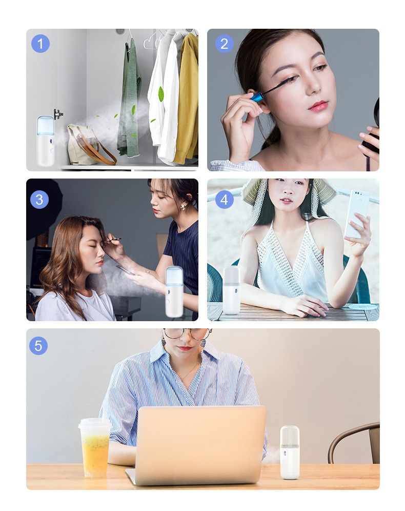 Instant Hydration Nano Facial Mister with 30ml Water Tank & USB Rechargeable, Light Blue/White/Pink