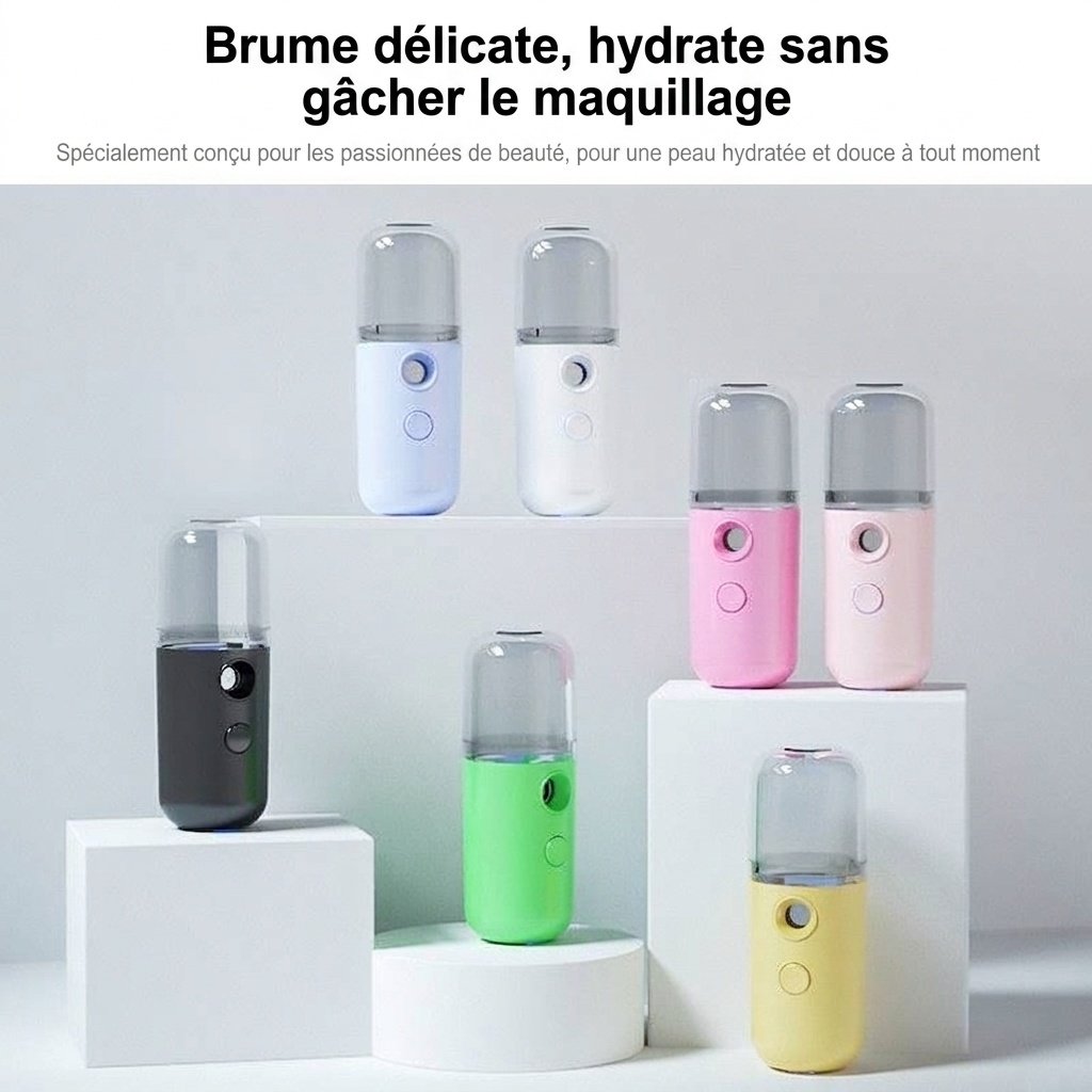 Brumisateur facial nano hydratant instantané avec réservoir d'eau de 30 ml et rechargeable par USB, bleu clair/blanc/rose