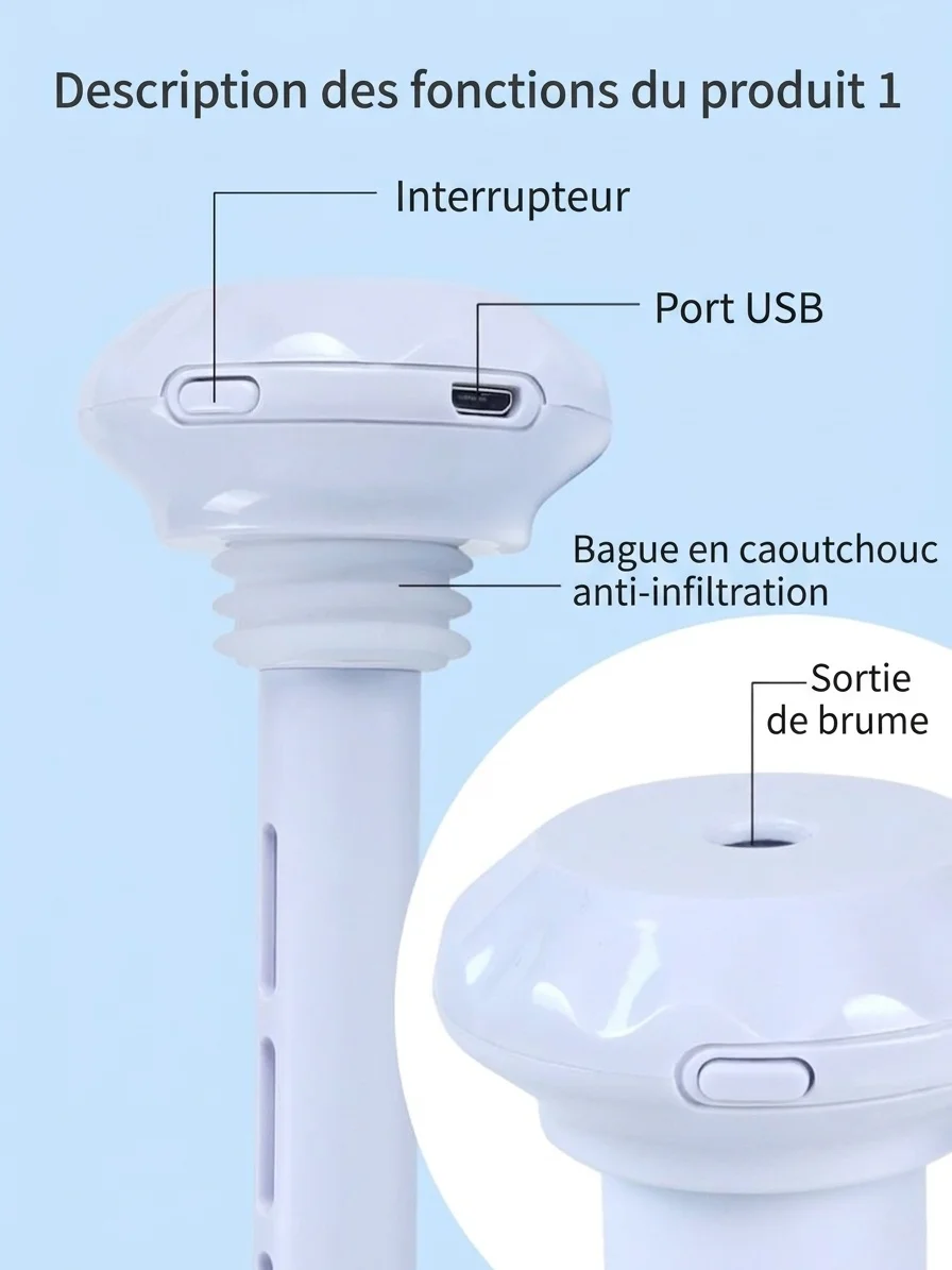 Mini humidificateur portable USB à nano-brume silencieuse avec veilleuse et autonomie de 8 heures en continu, couleurs assorties