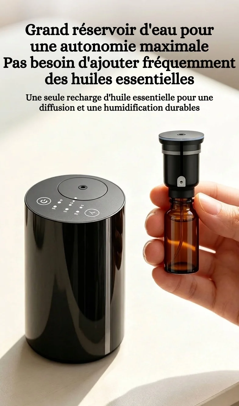 Diffuseur d'huiles essentielles sans fil silencieux à brume froide avec minuterie intelligente, noir