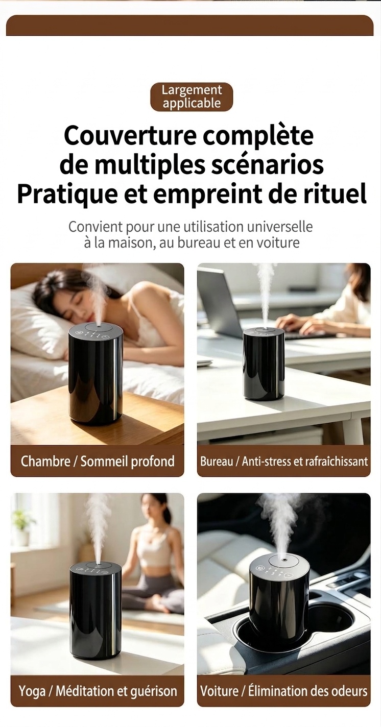 Diffuseur d'huiles essentielles sans fil silencieux à brume froide avec minuterie intelligente, noir