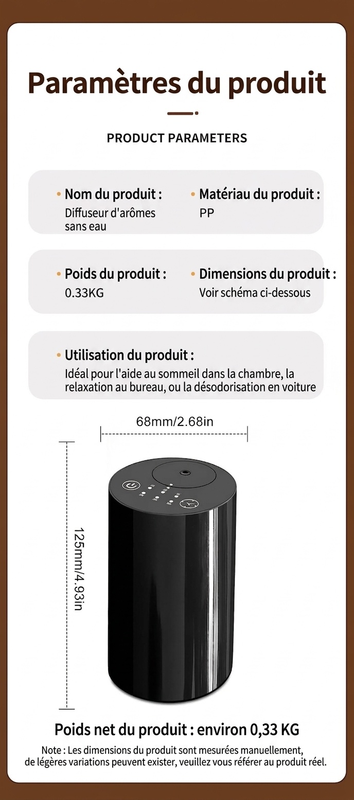 Diffuseur d'huiles essentielles sans fil silencieux à brume froide avec minuterie intelligente, noir