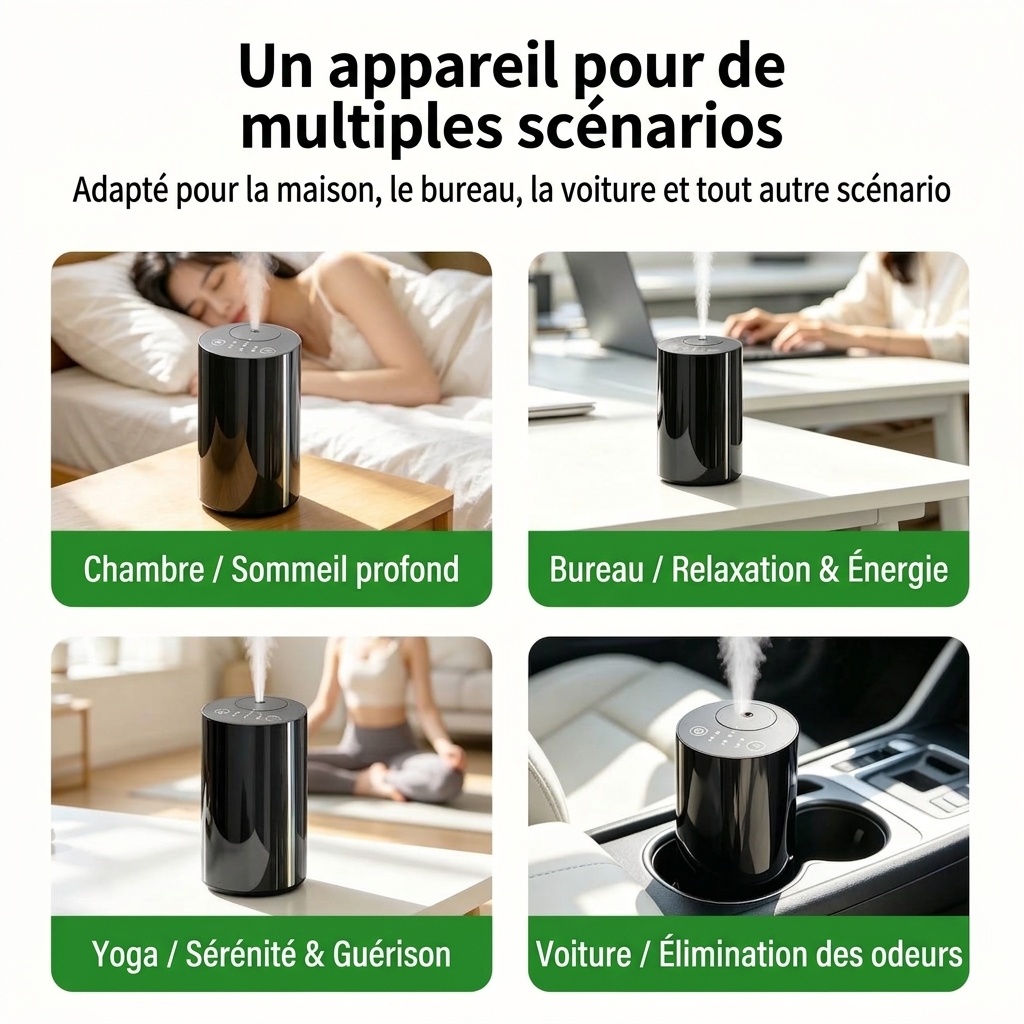 Diffuseur d'huiles essentielles sans fil silencieux à brume froide avec minuterie intelligente, noir