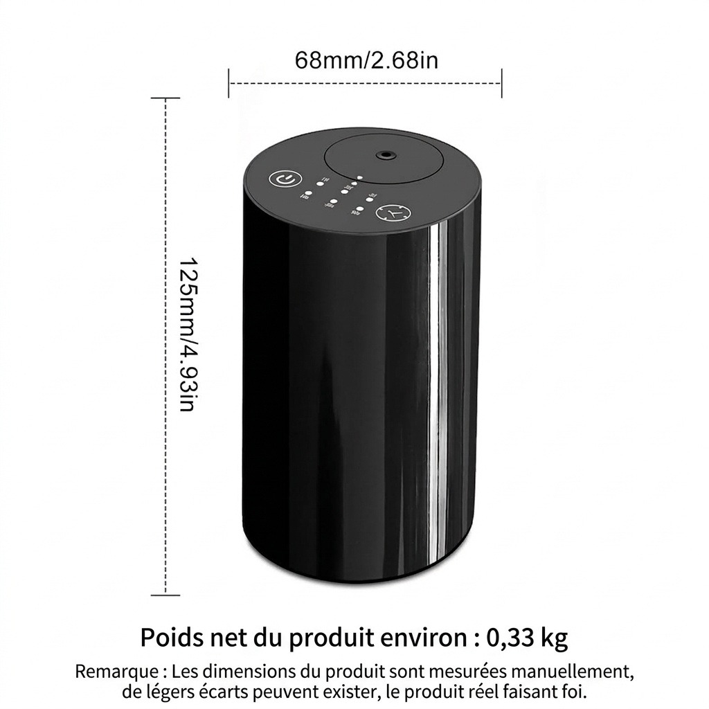 Diffuseur d'huiles essentielles sans fil silencieux à brume froide avec minuterie intelligente, noir