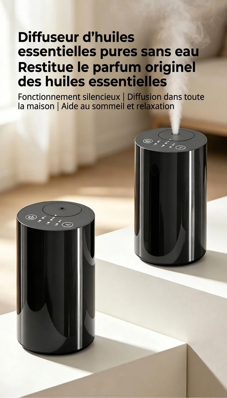 Diffuseur d'huiles essentielles sans fil silencieux à brume froide avec minuterie intelligente, noir