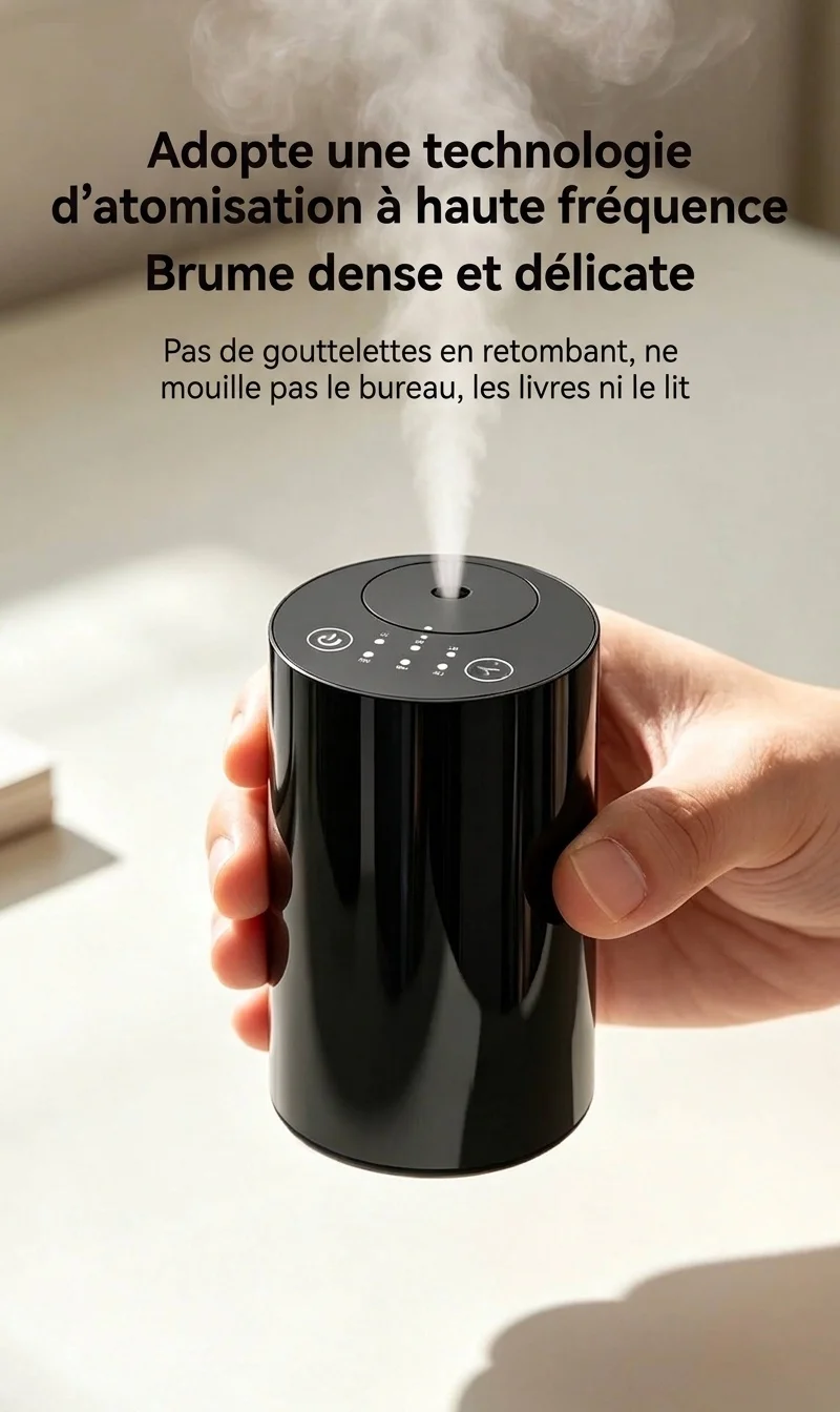 Diffuseur d'huiles essentielles sans fil silencieux à brume froide avec minuterie intelligente, noir