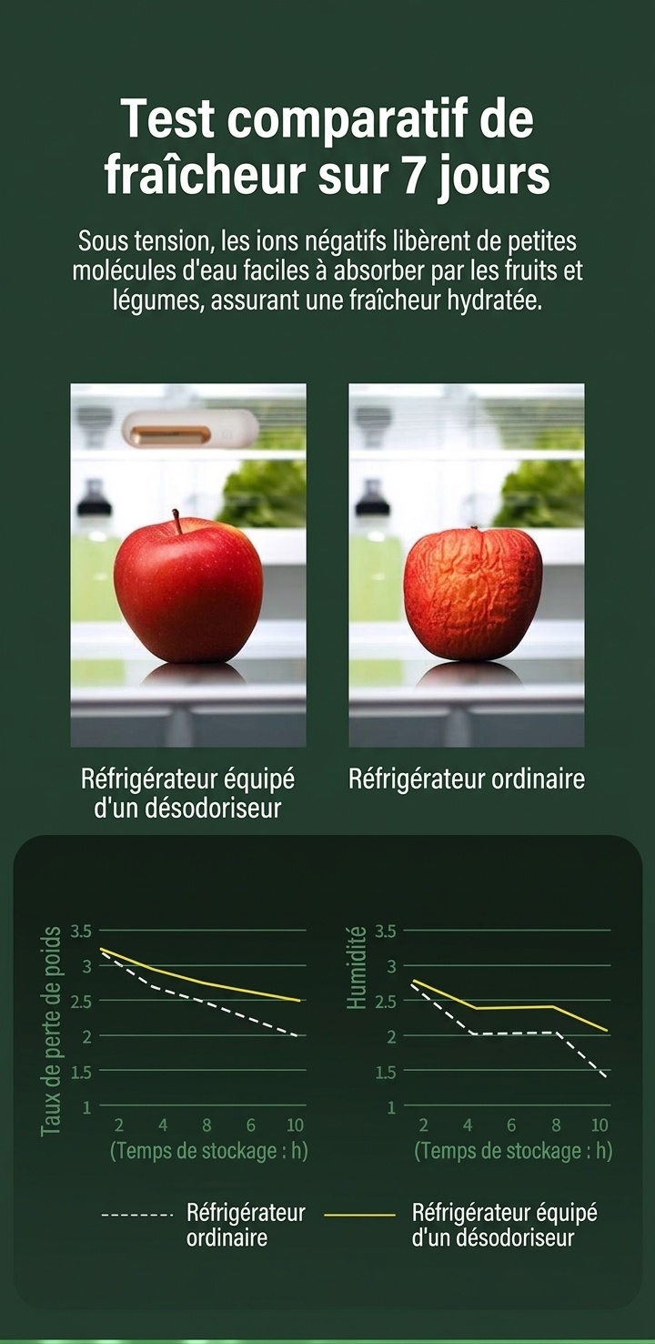 Désodorisant compact à l'ozone pour réfrigérateur, autonomie de 30 jours, élimine les odeurs et préserve la fraîcheur des aliments.