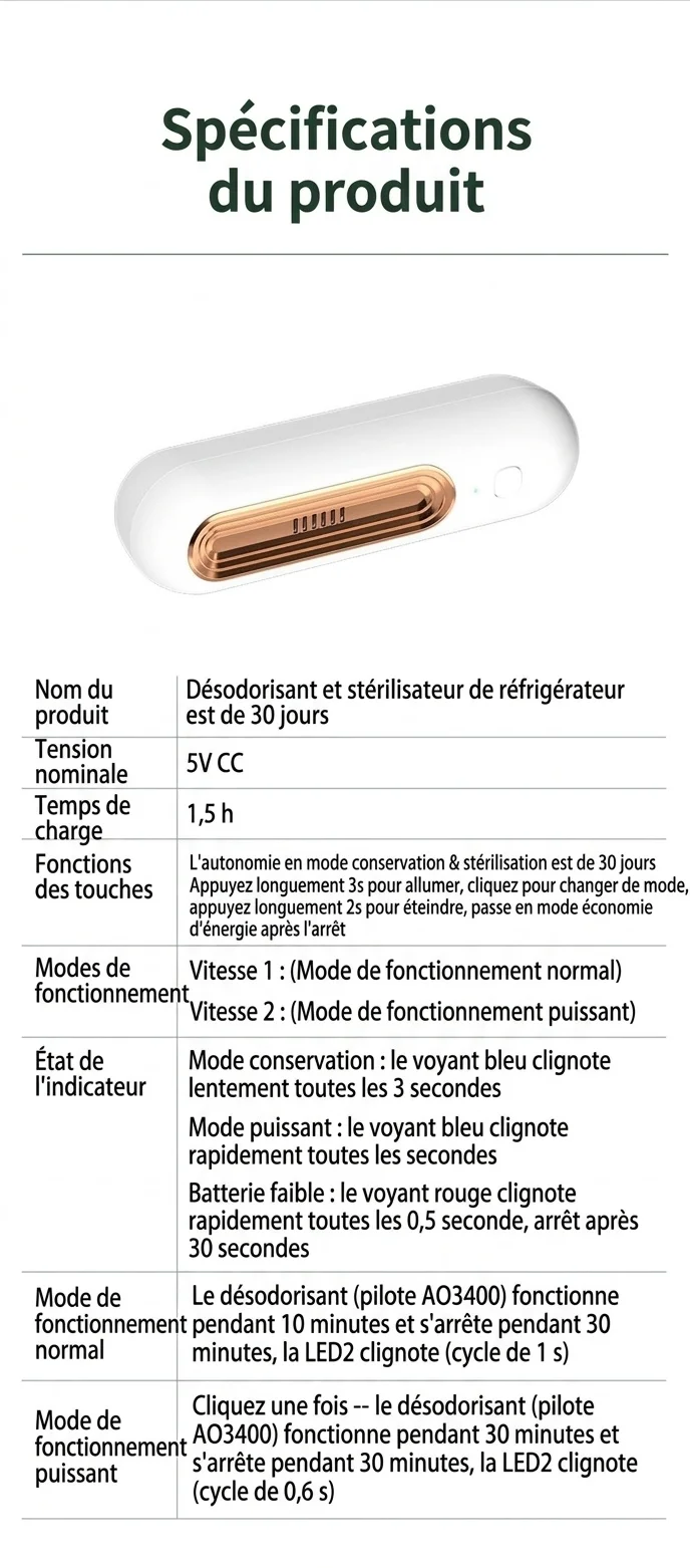 Désodorisant compact à l'ozone pour réfrigérateur, autonomie de 30 jours, élimine les odeurs et préserve la fraîcheur des aliments.