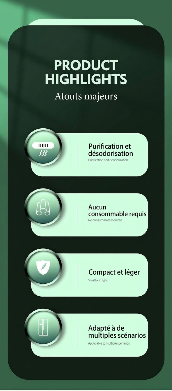 Désodorisant compact à l'ozone pour réfrigérateur, autonomie de 30 jours, élimine les odeurs et préserve la fraîcheur des aliments.