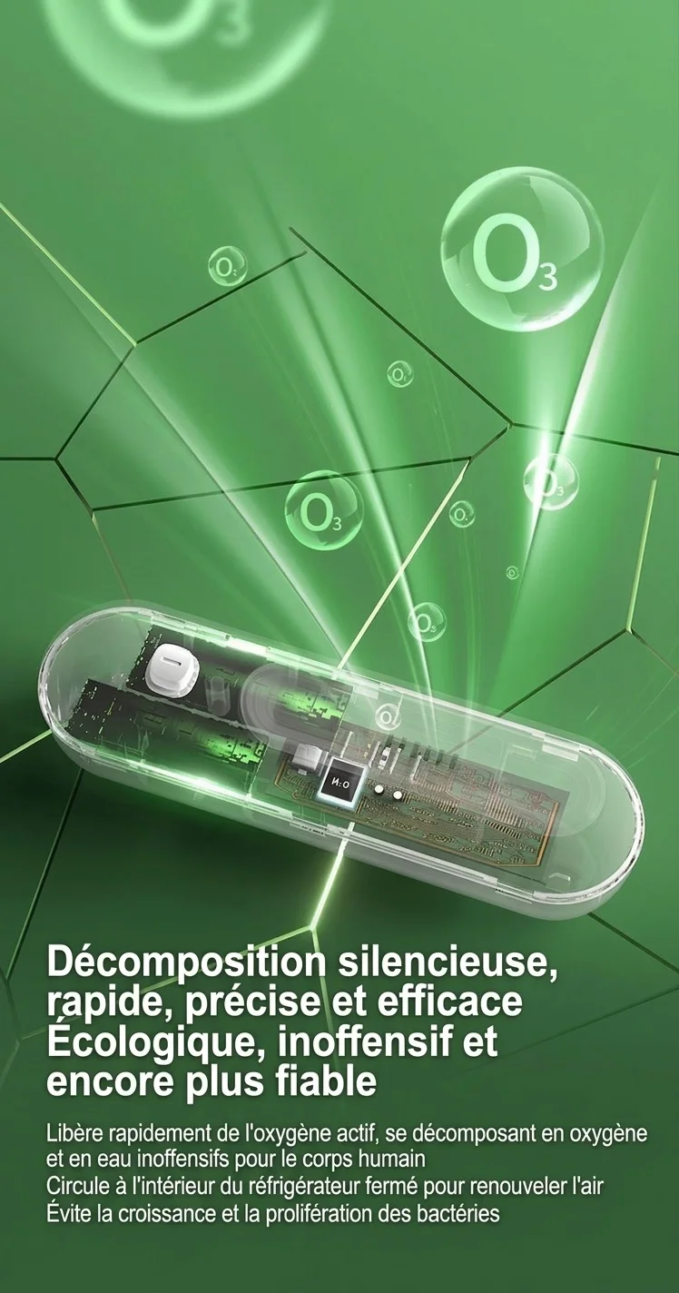 Désodorisant compact à l'ozone pour réfrigérateur, autonomie de 30 jours, élimine les odeurs et préserve la fraîcheur des aliments.