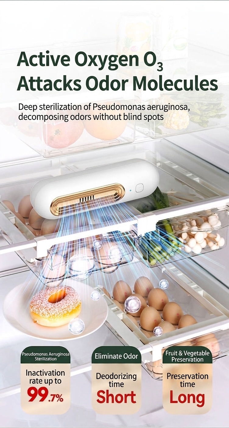 Compact Ozone Refrigerator Deodorizer, 30-Day Battery, Odor Eliminator & Fresh Food Keeper