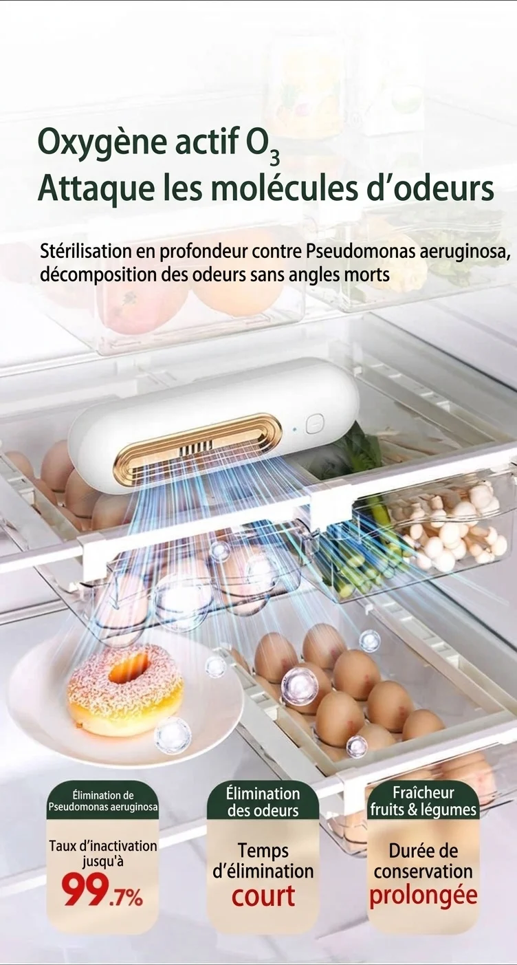 Désodorisant compact à l'ozone pour réfrigérateur, autonomie de 30 jours, élimine les odeurs et préserve la fraîcheur des aliments.
