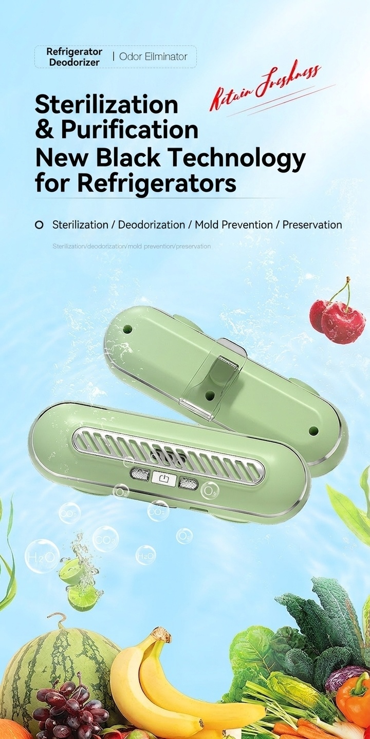 Ozone UV Refrigerator Deodorizer & Sterilizer, 1200mAh Rechargeable, 3 Modes for Fresh Food