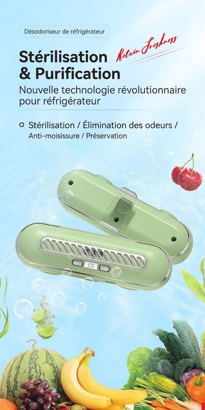 Ozon-UV-Kühlschrank-Deodorant & Sterilisator, 1200 mAh Akku, 3 Modi für frische Lebensmittel