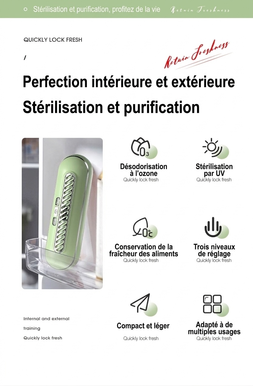 Désodorisant et stérilisateur UV à ozone pour réfrigérateur, batterie rechargeable 1200 mAh, 3 modes pour la conservation des aliments frais