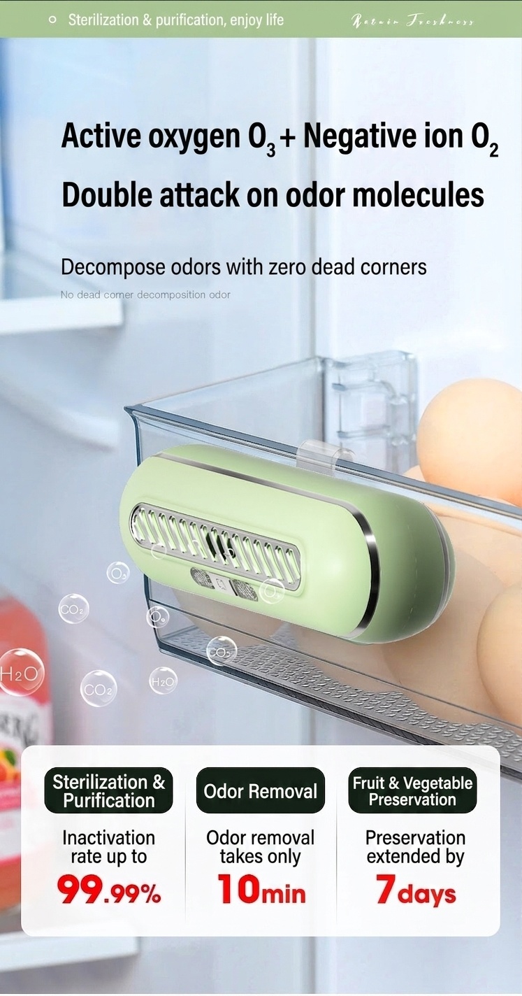 Ozone UV Refrigerator Deodorizer & Sterilizer, 1200mAh Rechargeable, 3 Modes for Fresh Food