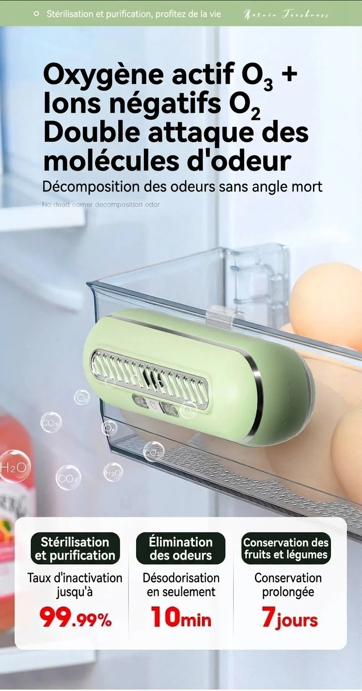 Désodorisant et stérilisateur UV à ozone pour réfrigérateur, batterie rechargeable 1200 mAh, 3 modes pour la conservation des aliments frais