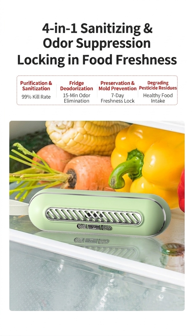 Ozone UV Refrigerator Deodorizer & Sterilizer, 1200mAh Rechargeable, 3 Modes for Fresh Food