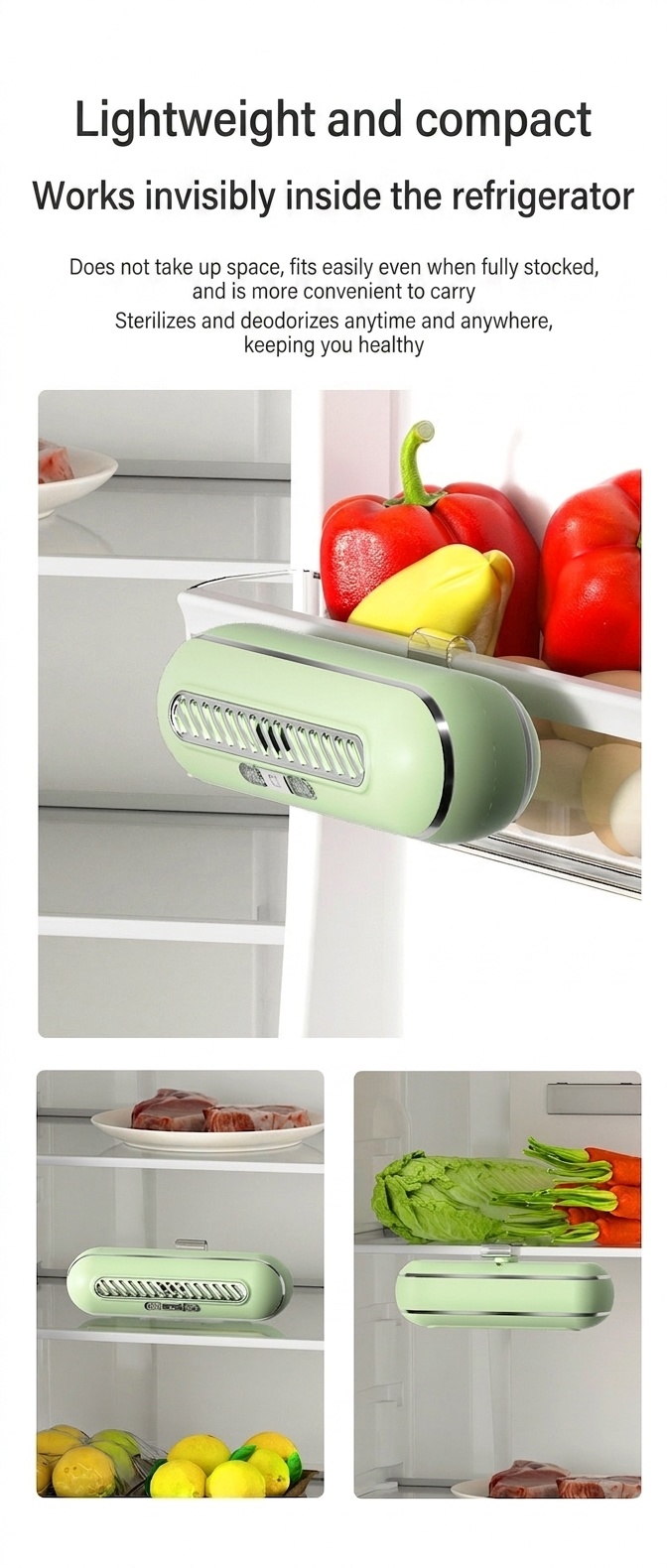 Ozone UV Refrigerator Deodorizer & Sterilizer, 1200mAh Rechargeable, 3 Modes for Fresh Food