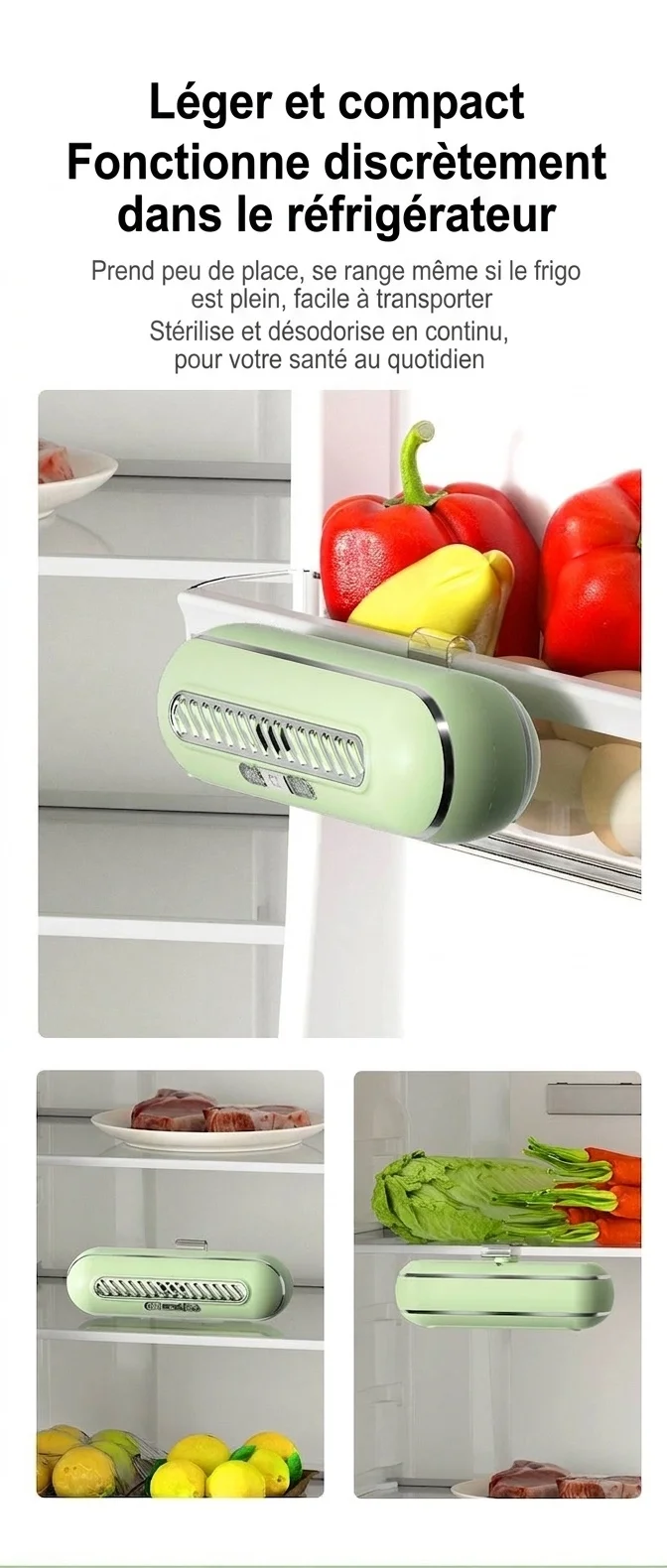 Désodorisant et stérilisateur UV à ozone pour réfrigérateur, batterie rechargeable 1200 mAh, 3 modes pour la conservation des aliments frais